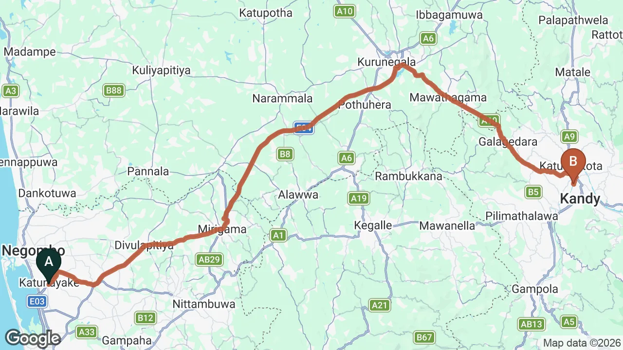 Route map: Colombo (CMB) Airport to Coco Villa, Kandy