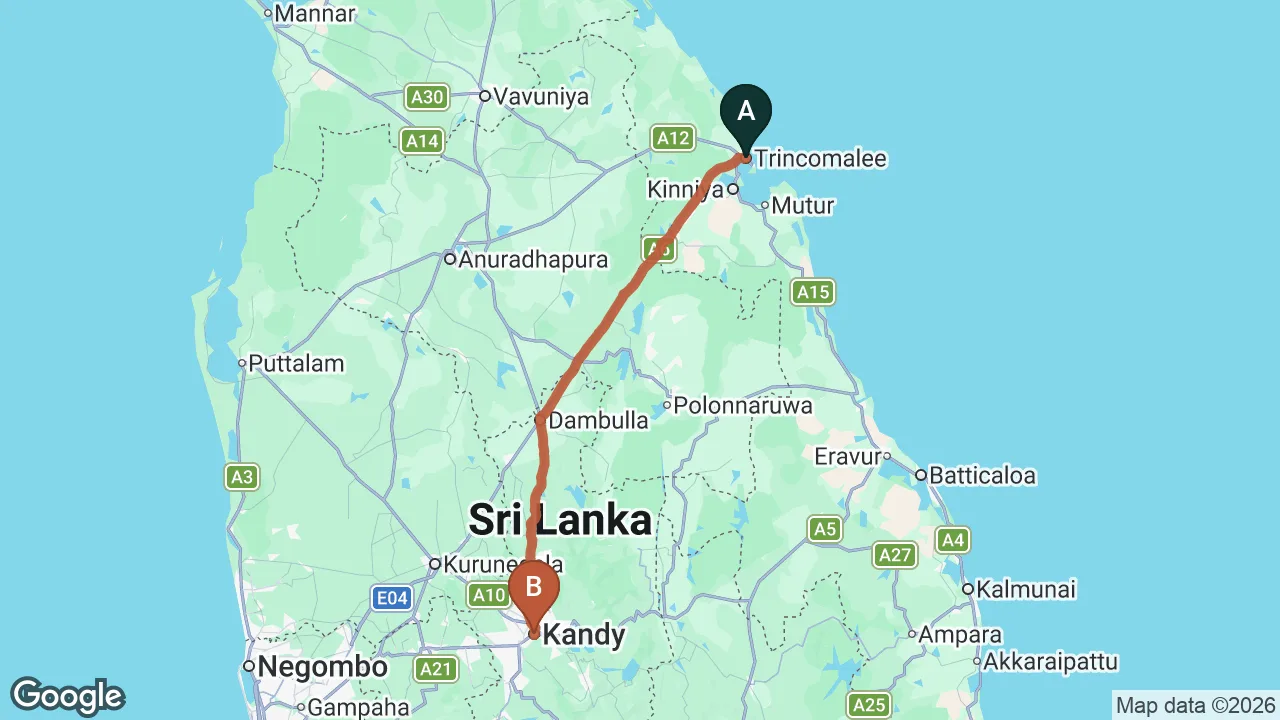Route map: Trincomalee City to Kandy City