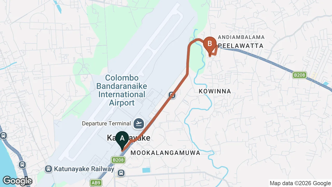 Route map: Colombo (CMB) Airport to Hotel Thilon, Negombo