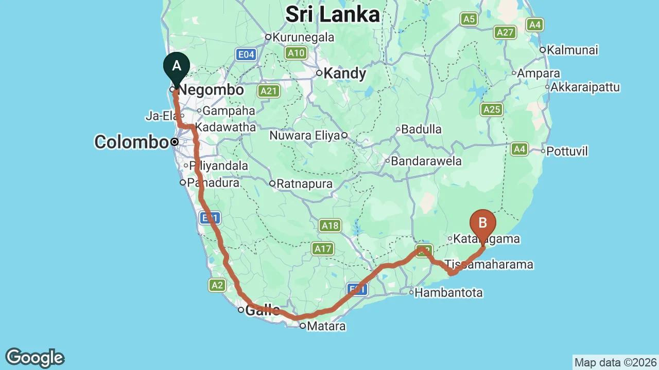 Route map: Negombo City to Yala City