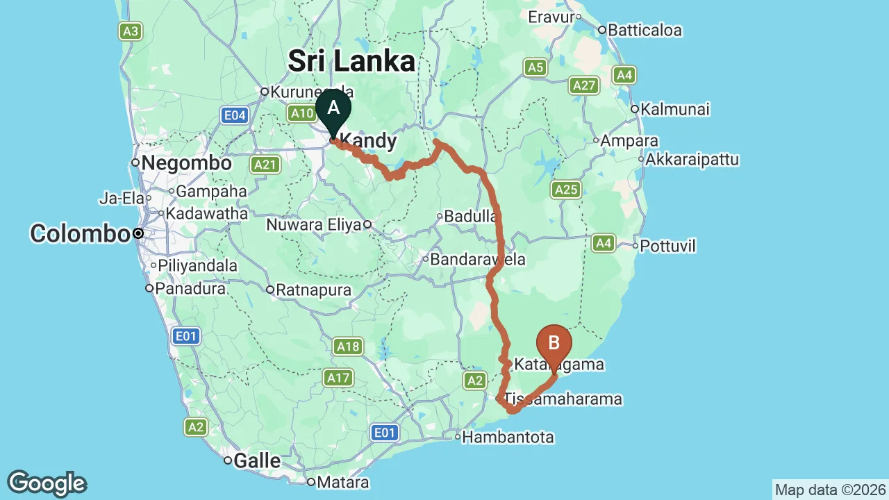 Route map: Kandy City to Yala City