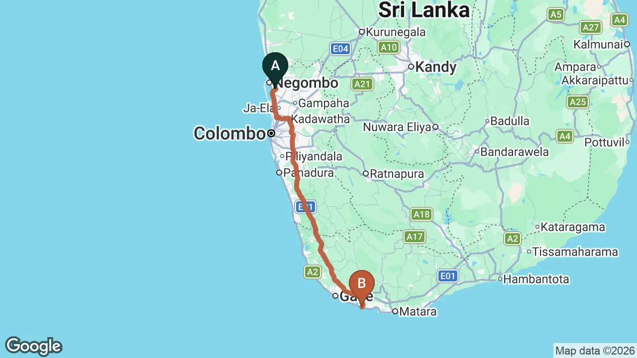 Route map: Colombo (CMB) Airport to Ahangama City