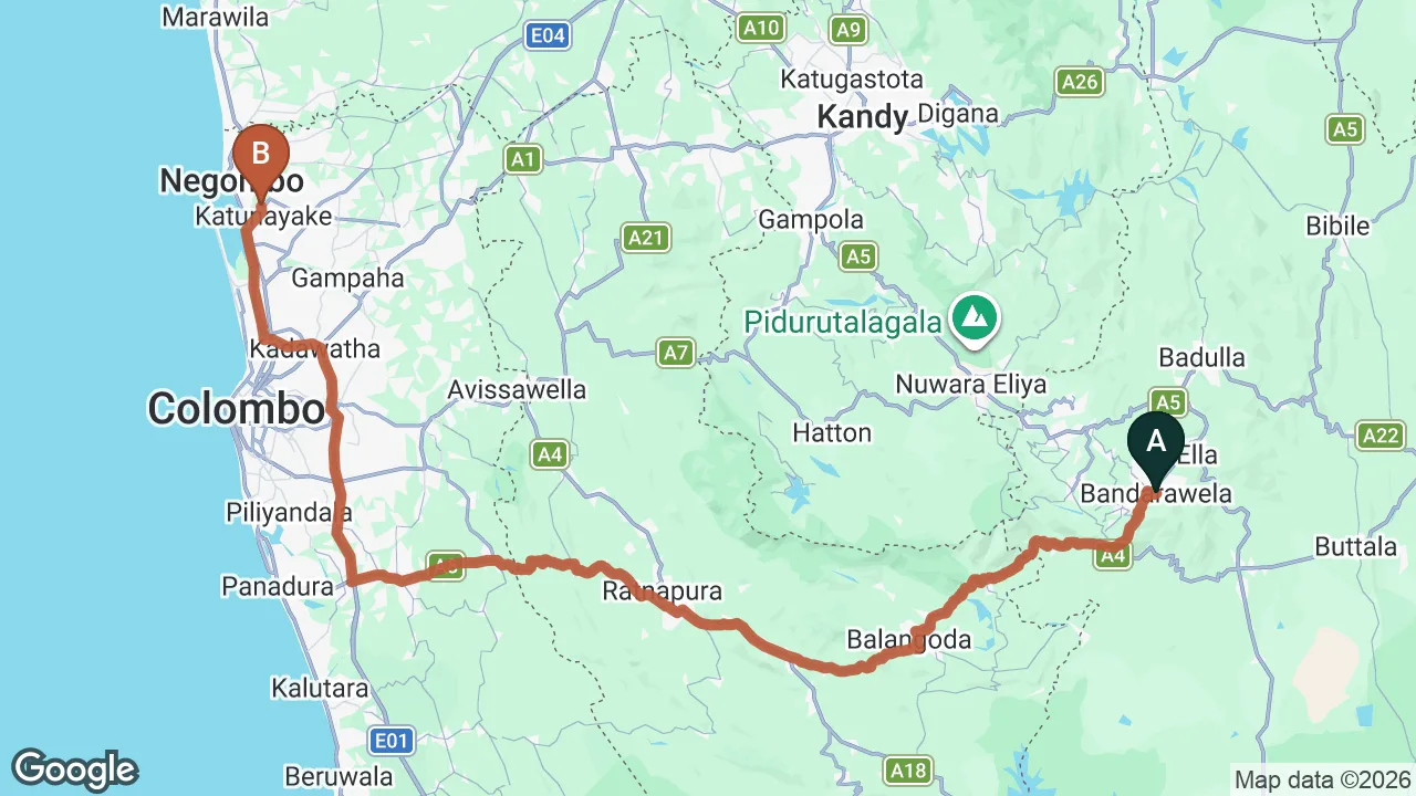 Route map: Bandarawela City to Colombo (CMB) Airport