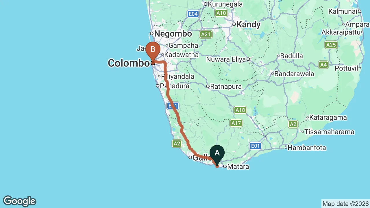 Route map: Mirissa City to Colombo City
