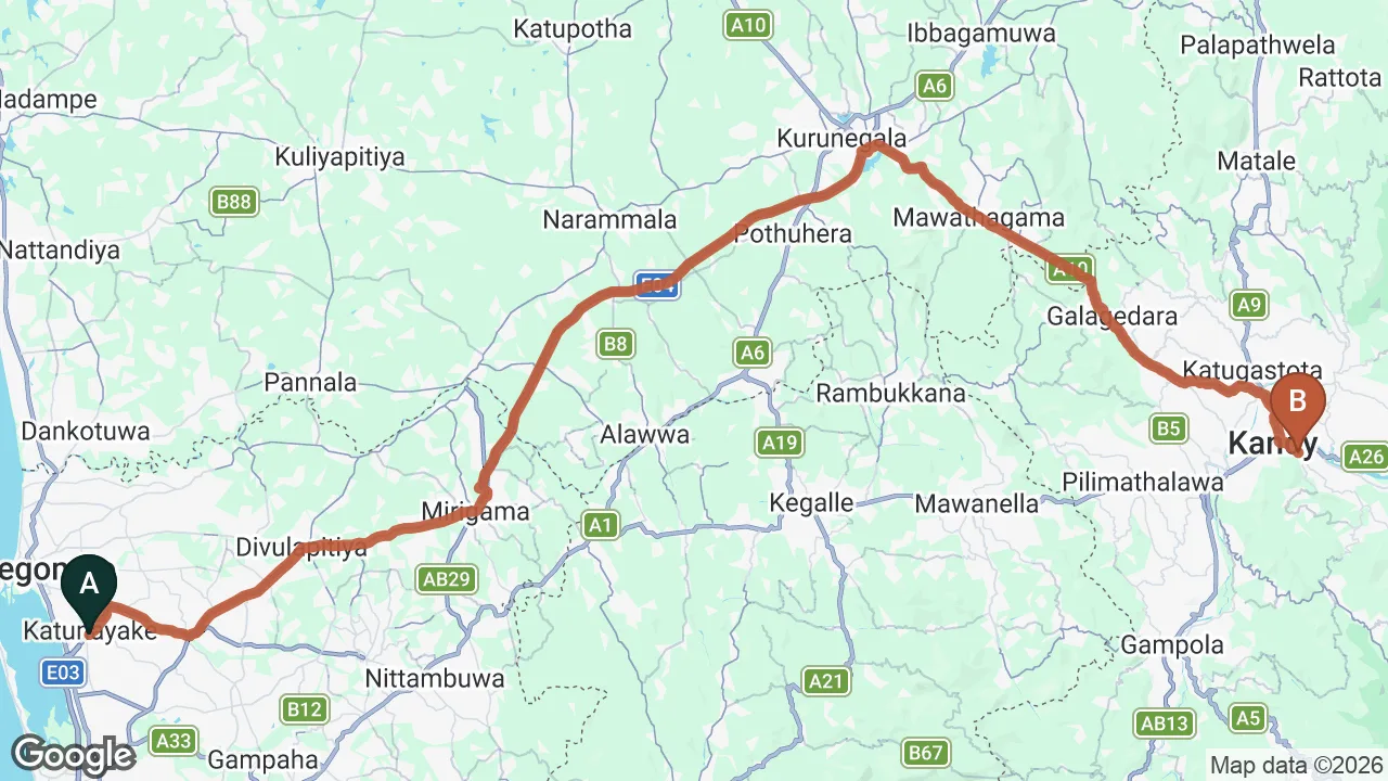 Route map: Colombo (CMB) Airport to Devon, KANDY