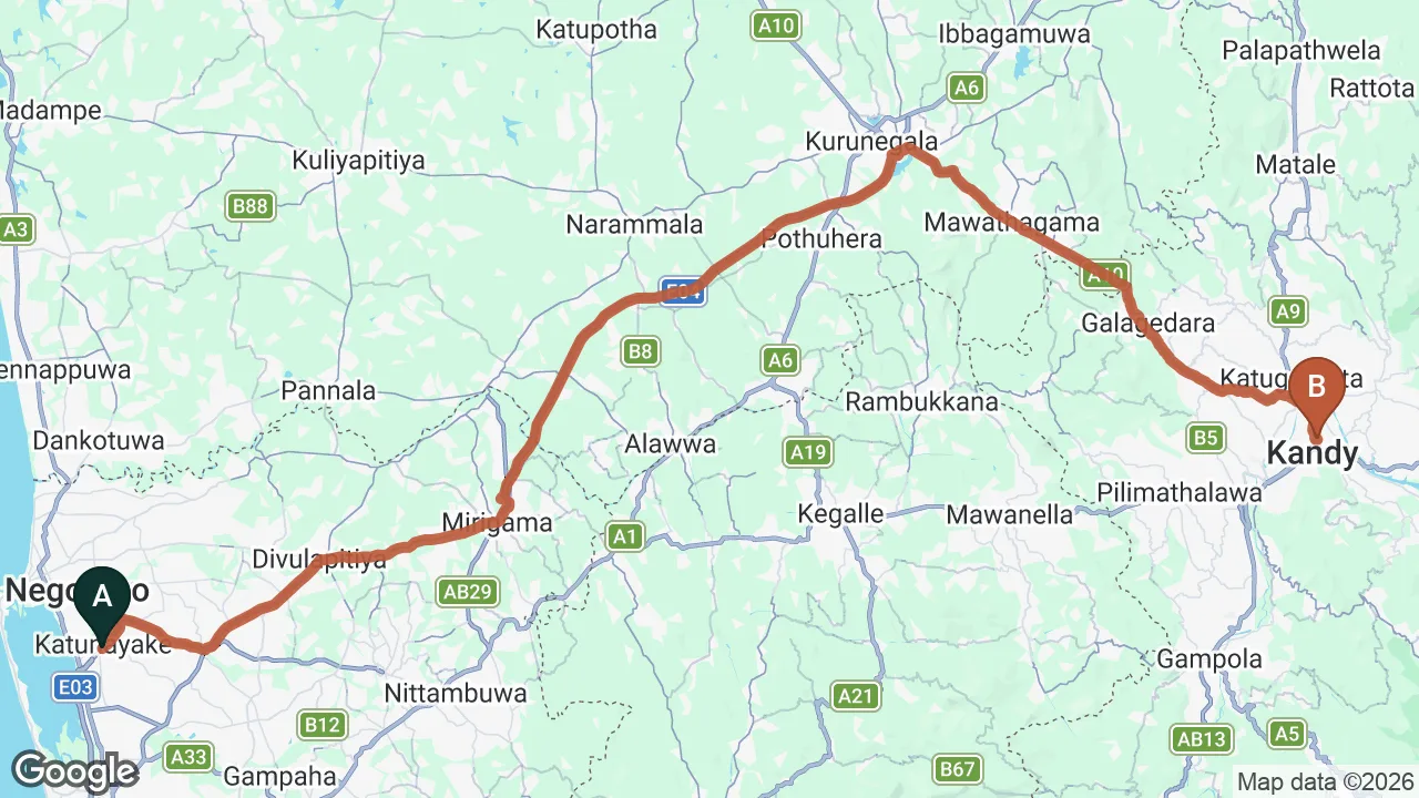 Route map: Colombo (CMB) Airport to Clock Inn Kandy, Kandy, Kandy
