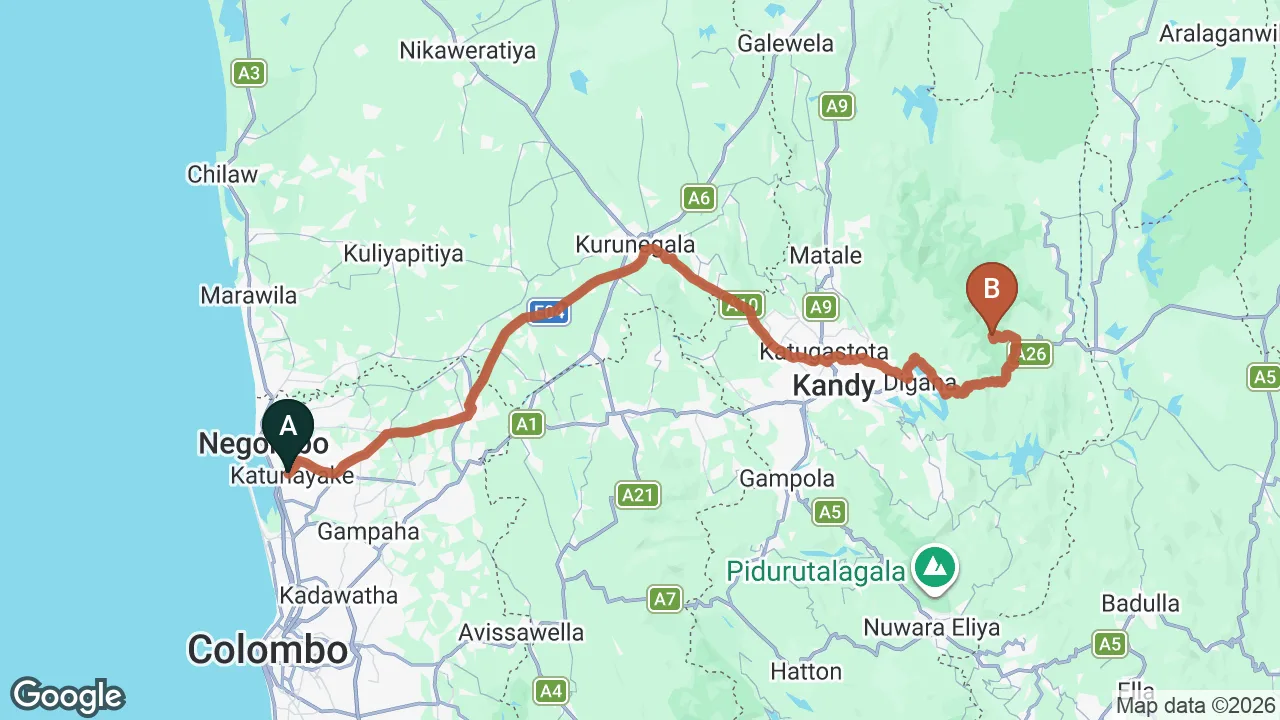 Route map: Colombo (CMB) Airport to Corbets View, Kandy