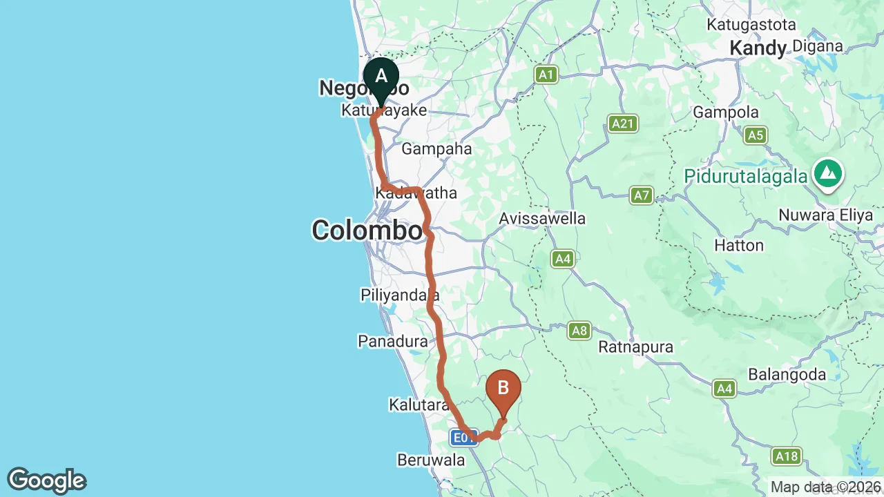Route map: Colombo (CMB) Airport to Halketha, Mathugama