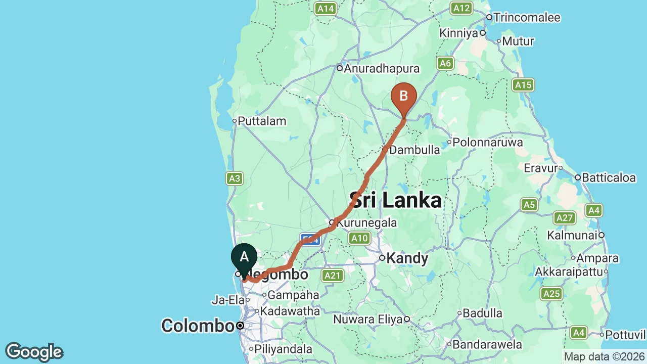 Route map: Colombo (CMB) Airport to Habarana City