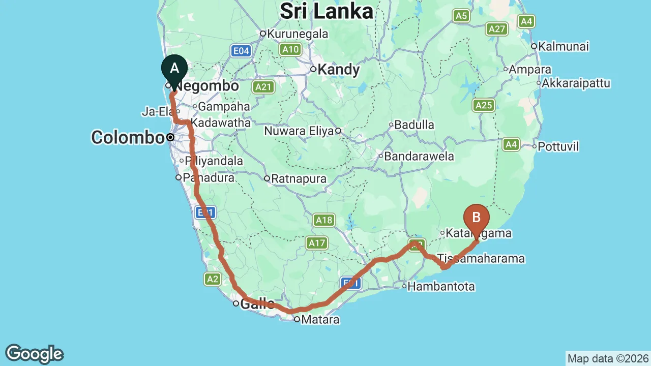 Route map: Colombo (CMB) Airport to The Forest, Yala
