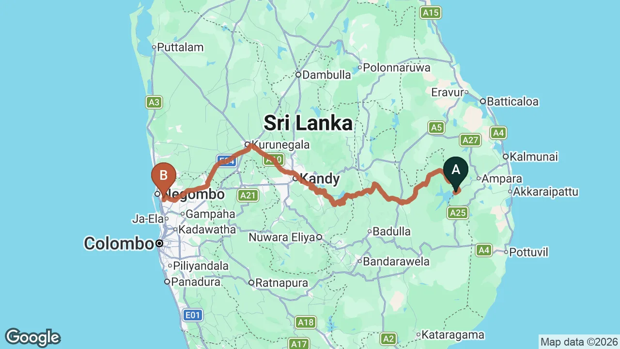 Route map: Inginiyagala City to Colombo (CMB) Airport