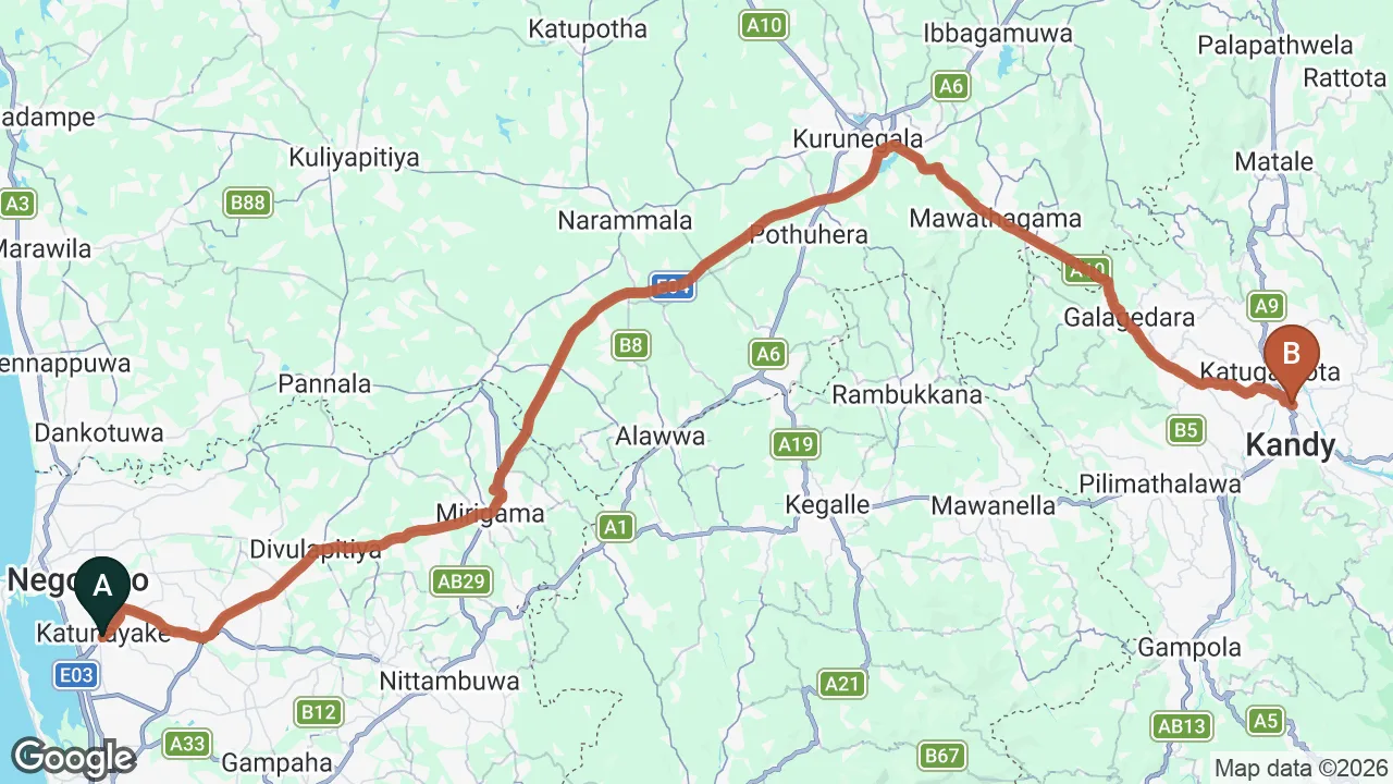 Route map: Colombo (CMB) Airport to Stone House, Kandy