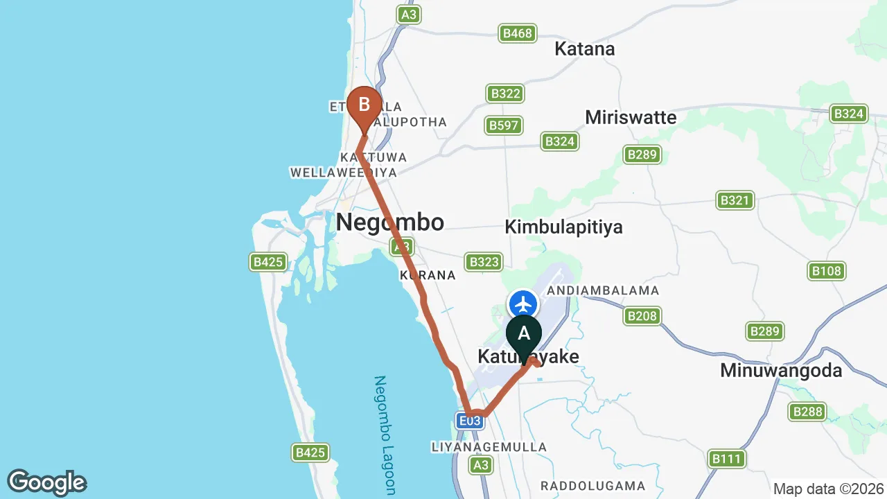 Route map: Colombo (CMB) Airport to Olanro Negombo Hotel, Negombo