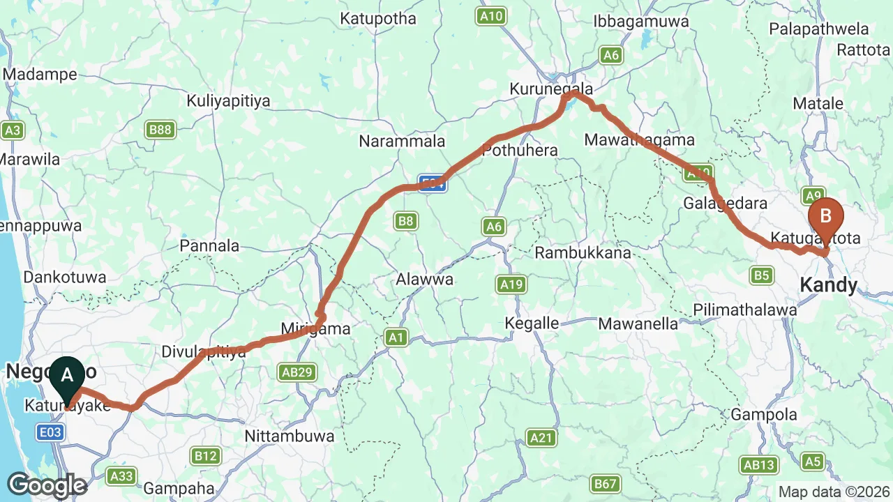 Route map: Colombo (CMB) Airport to Clove Villa, Kandy
