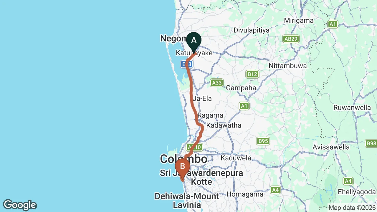 Route map: Colombo (CMB) Airport to W15 Colombo, Colombo
