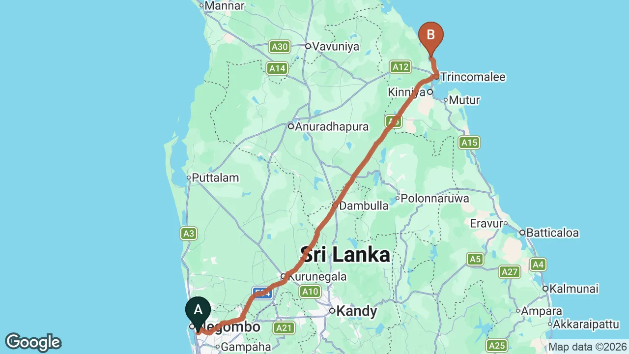 Route map: Colombo (CMB) Airport to Surya Lagoon, Trincomalee