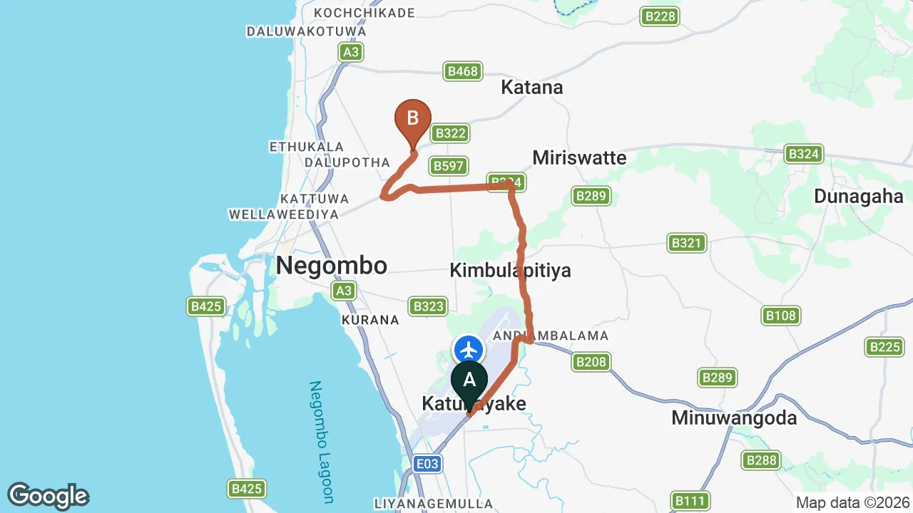 Route map: Colombo (CMB) Airport to Villa Shade, Negombo, Negombo