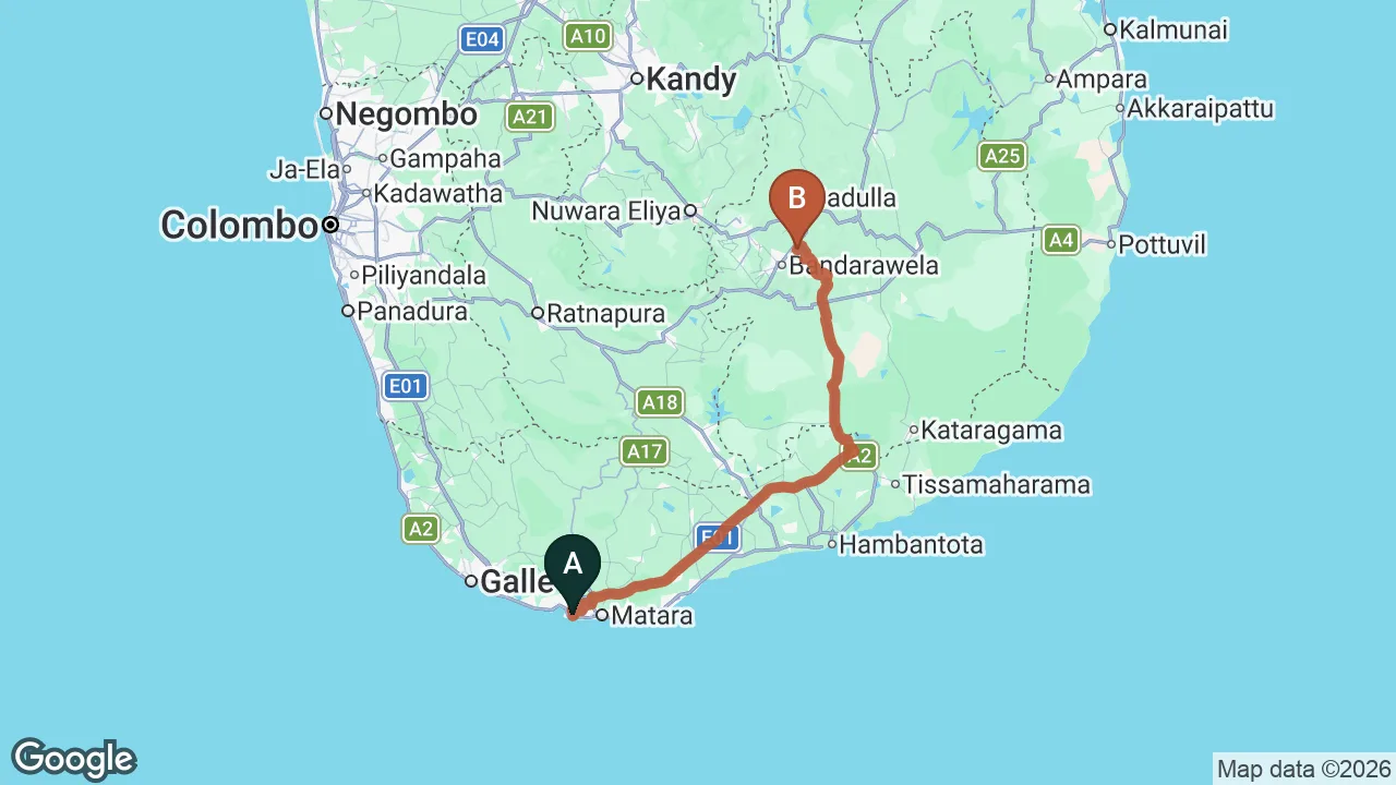 Route map: Mirissa City to Ella City