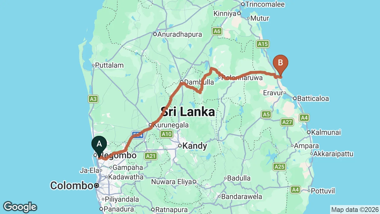 Route map: Colombo (CMB) Airport to Pasikuda City