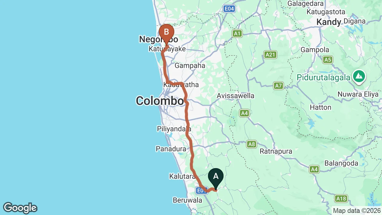 Route map: Mathugama City to Colombo (CMB) Airport