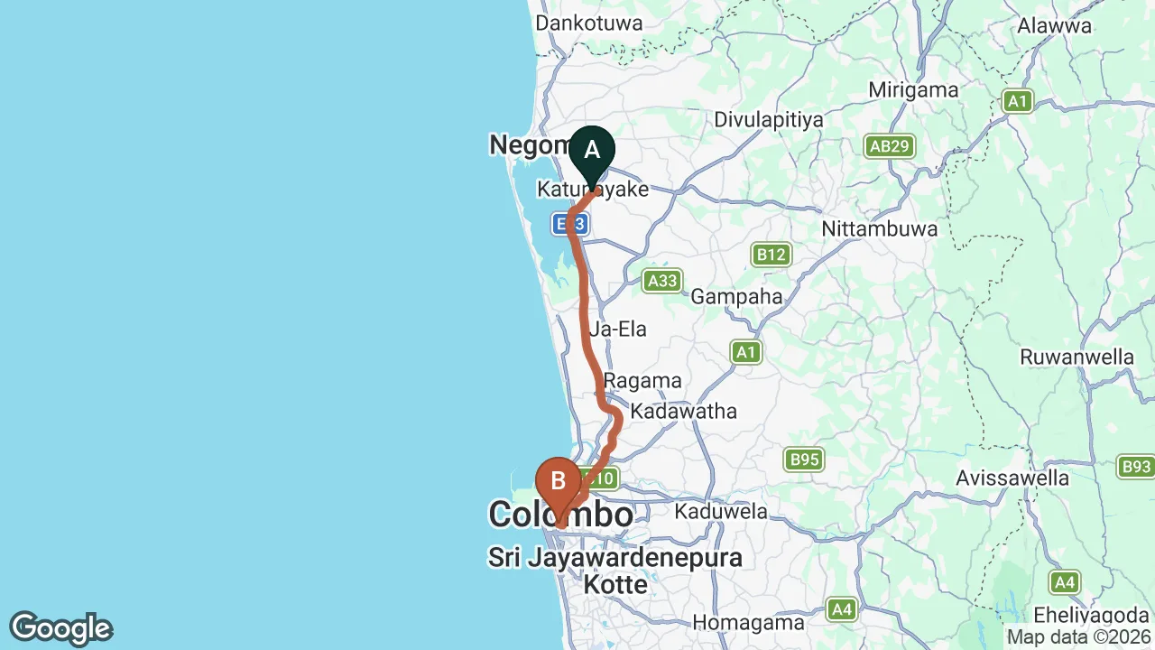 Route map: Colombo (CMB) Airport to Onthree20, Colombo
