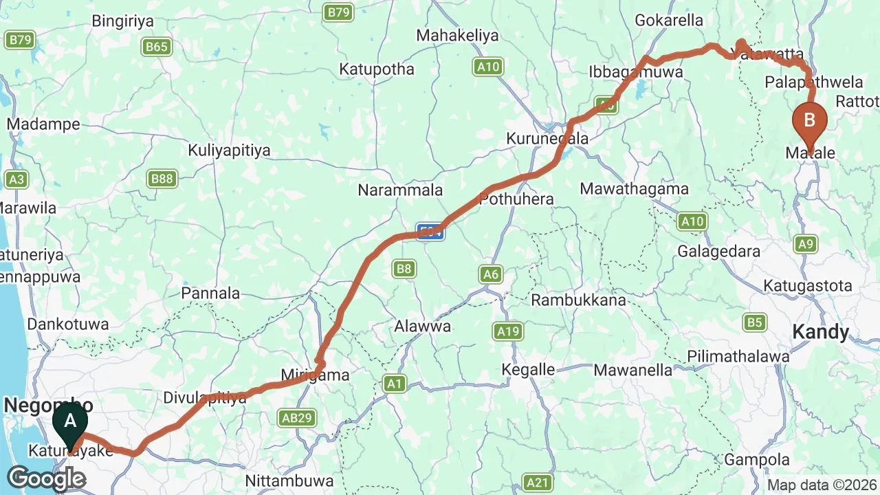 Route map: Colombo (CMB) Airport to IBIS Lodge, Matale