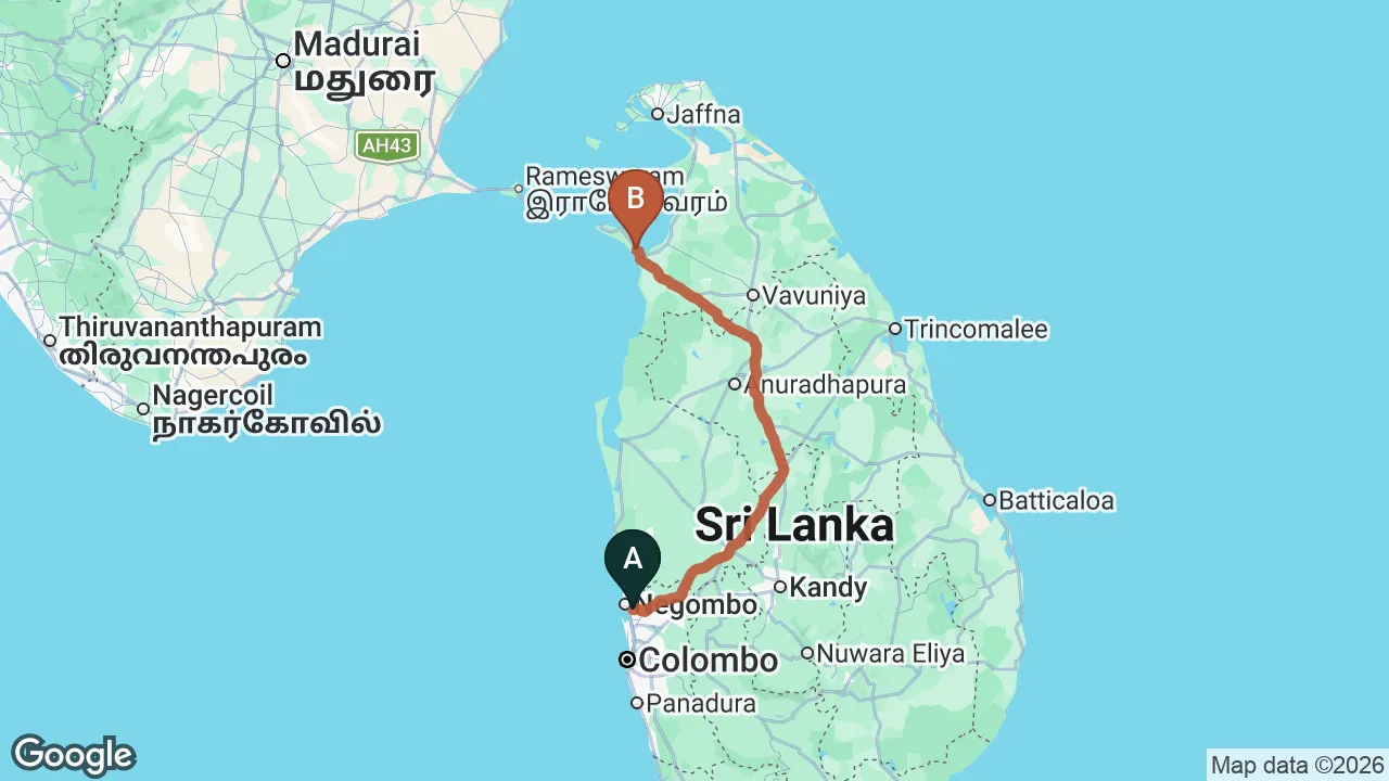 Route map: Colombo (CMB) Airport to Mannar City