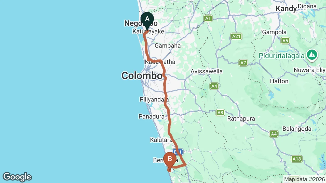 Route map: Colombo (CMB) Airport to Villa 80 Bentota, Bentota