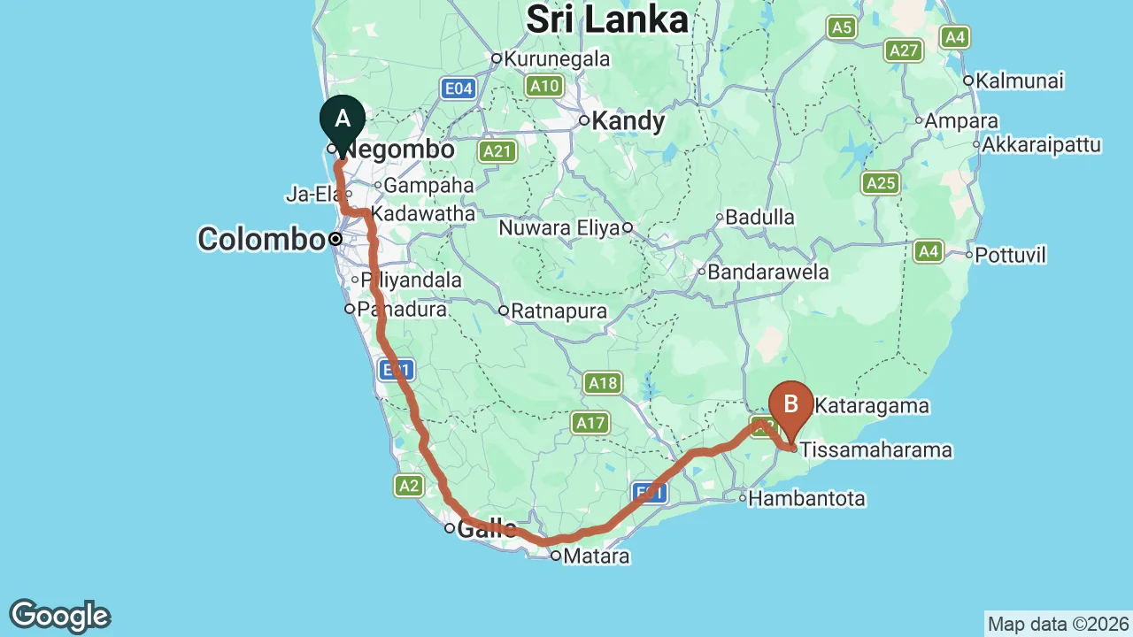 Route map: Colombo (CMB) Airport to The Rain Tree Hotel, Tissamaharama
