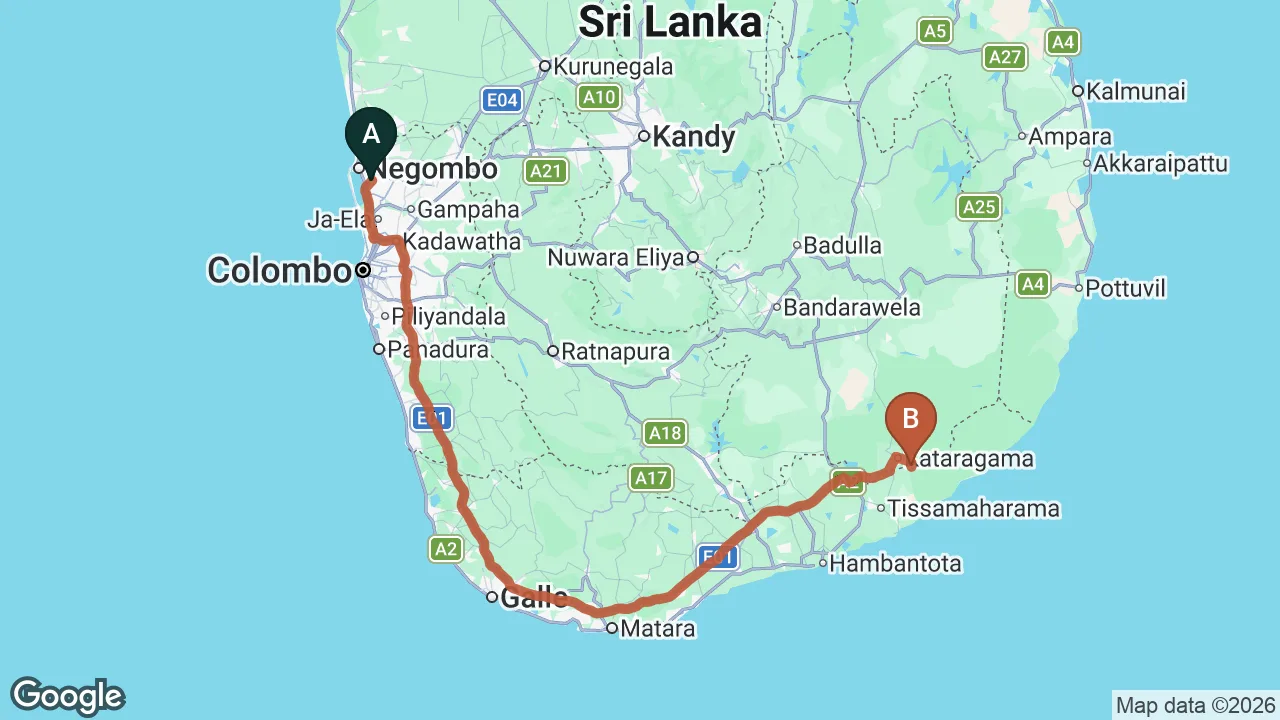 Route map: Colombo (CMB) Airport to Leopard Trails, Yala