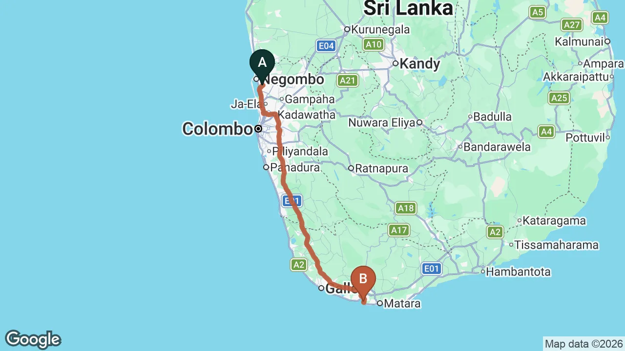 Route map: Colombo (CMB) Airport to Red Cliffs, Mirissa