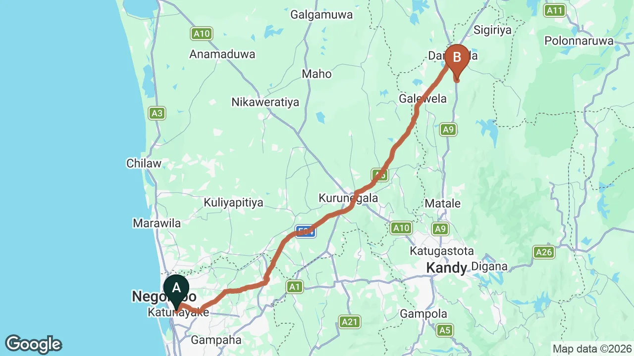Route map: Colombo (CMB) Airport to Elephant Stables, Dambulla