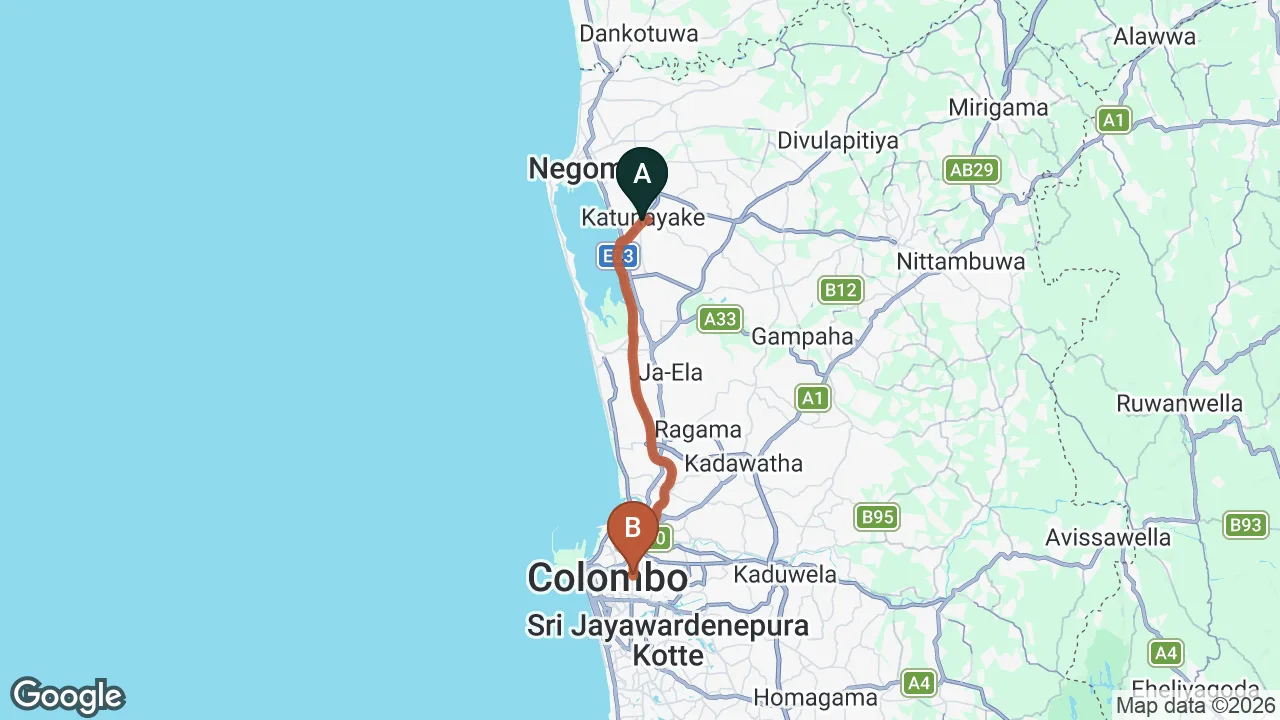 Route map: Colombo (CMB) Airport to Earl's Red Colombo, Colombo