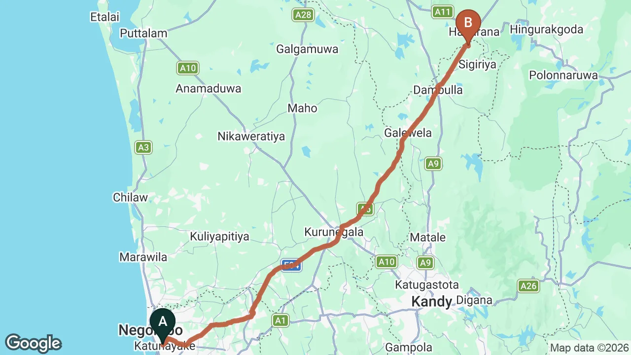 Route map: Colombo (CMB) Airport to Elephas Resort & Spa, Sigiriya