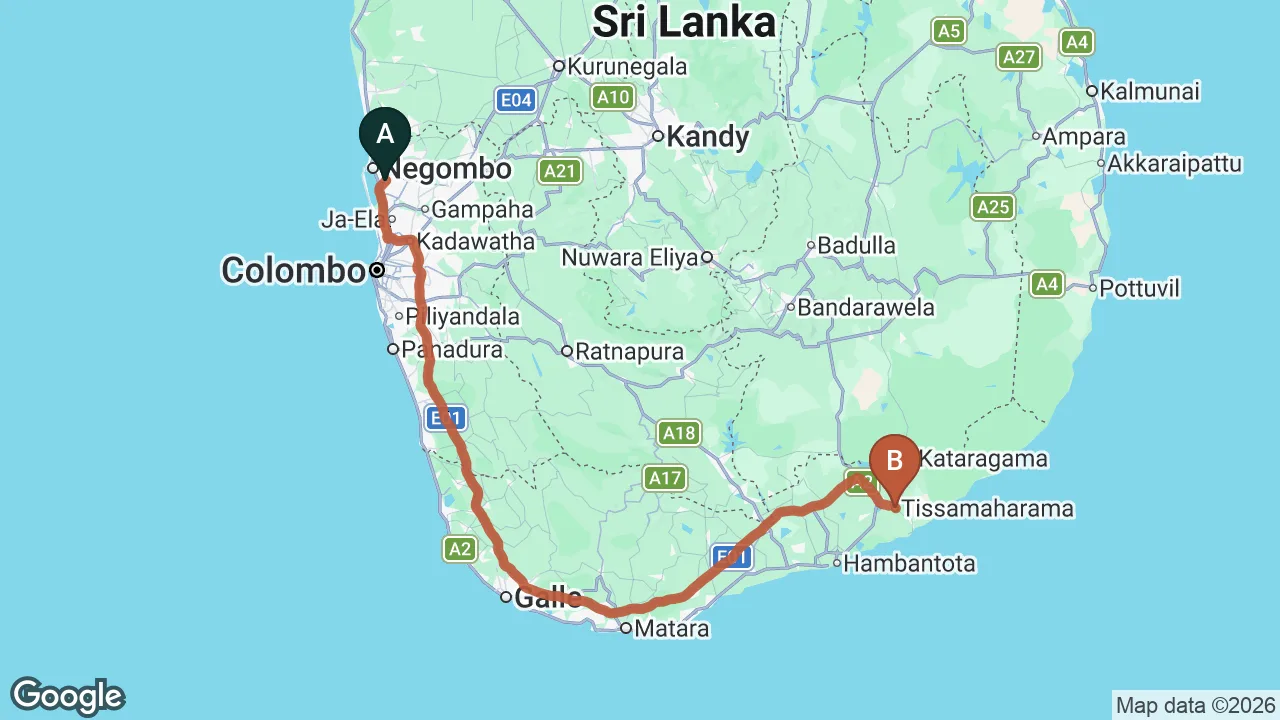 Route map: Colombo (CMB) Airport to Wapi, Tissamaharama