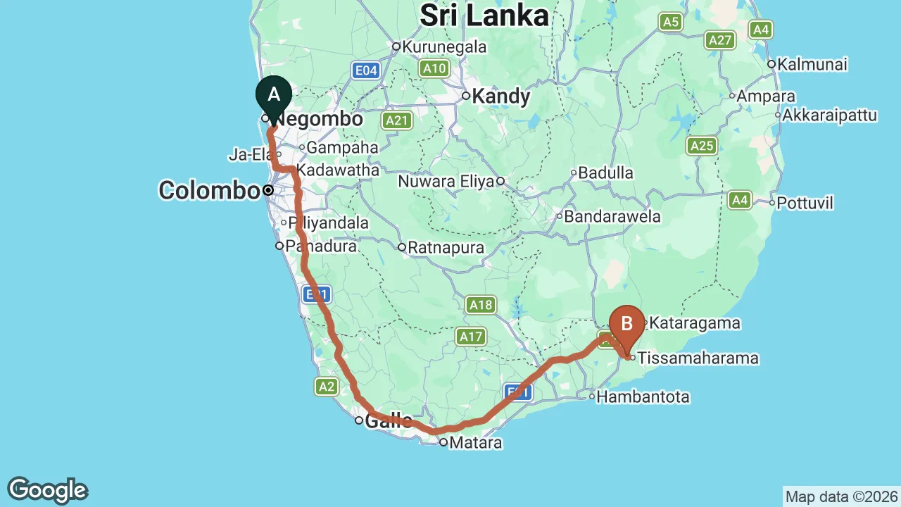 Route map: Colombo (CMB) Airport to Hotel River Front, Yala