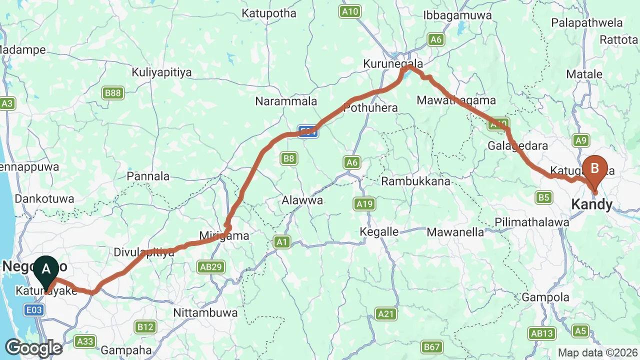 Route map: Colombo (CMB) Airport to Kandyan Hideout, Kandy