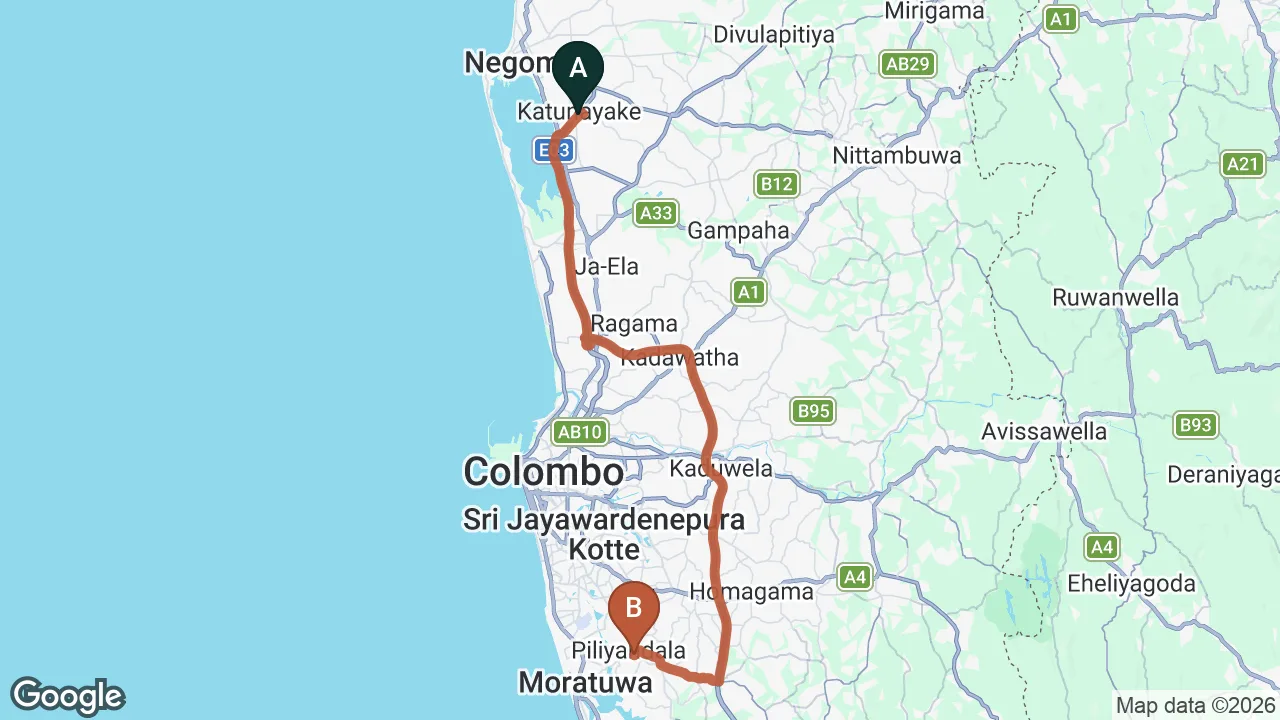 Route map: Colombo (CMB) Airport to Java Moon, Piliyandala