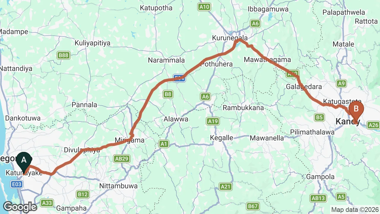 Route map: Colombo (CMB) Airport to Rusty Bunk Villa, Kandy