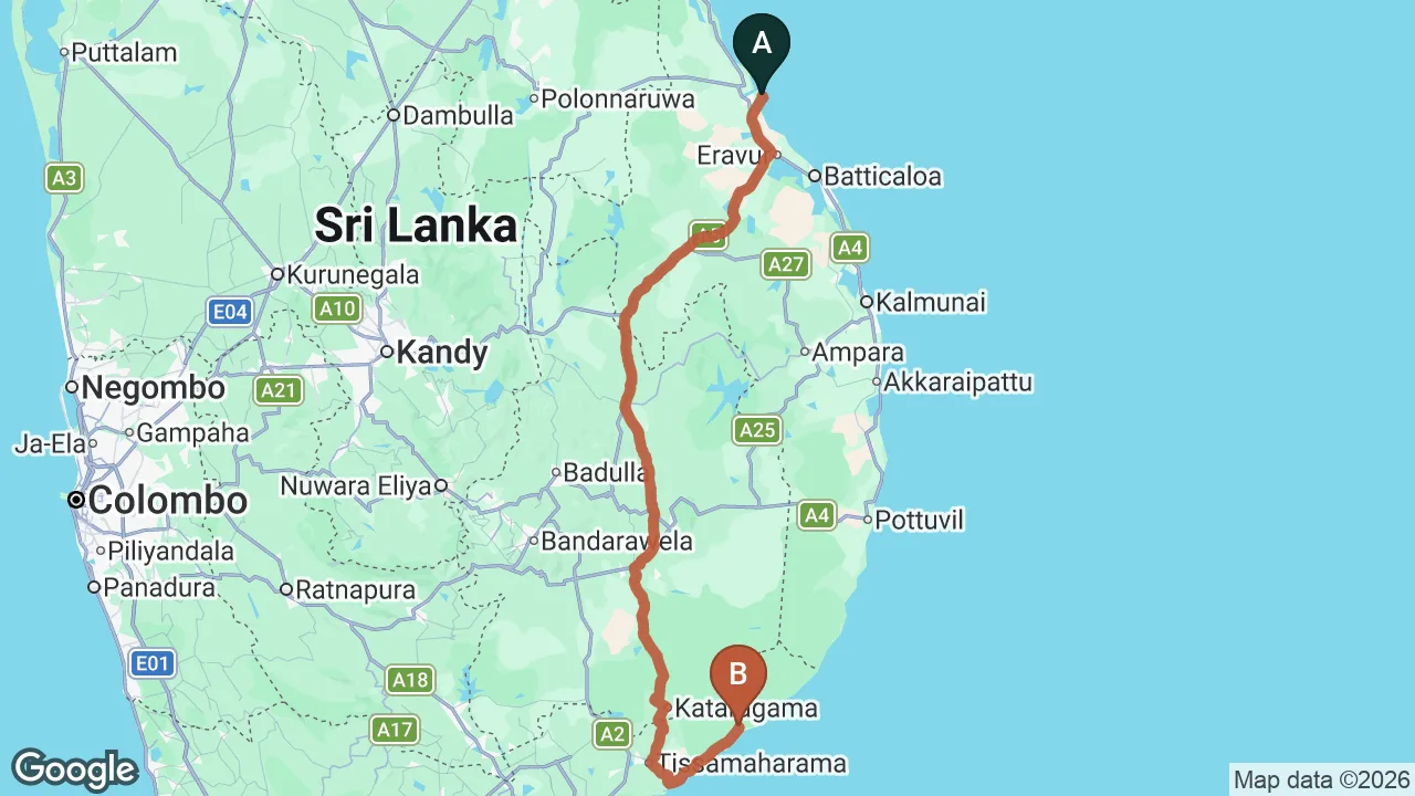 Route map: Pasikuda City to Yala City