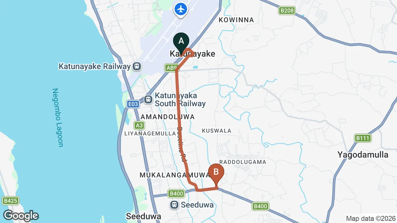 Route map: Colombo (CMB) Airport to Double Mango Villa, Katunayake