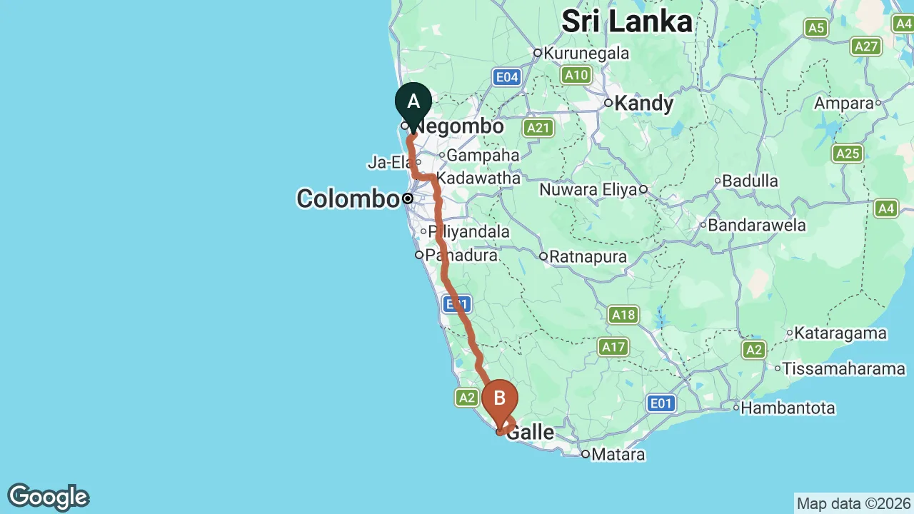 Route map: Colombo (CMB) Airport to Elysium, Galle