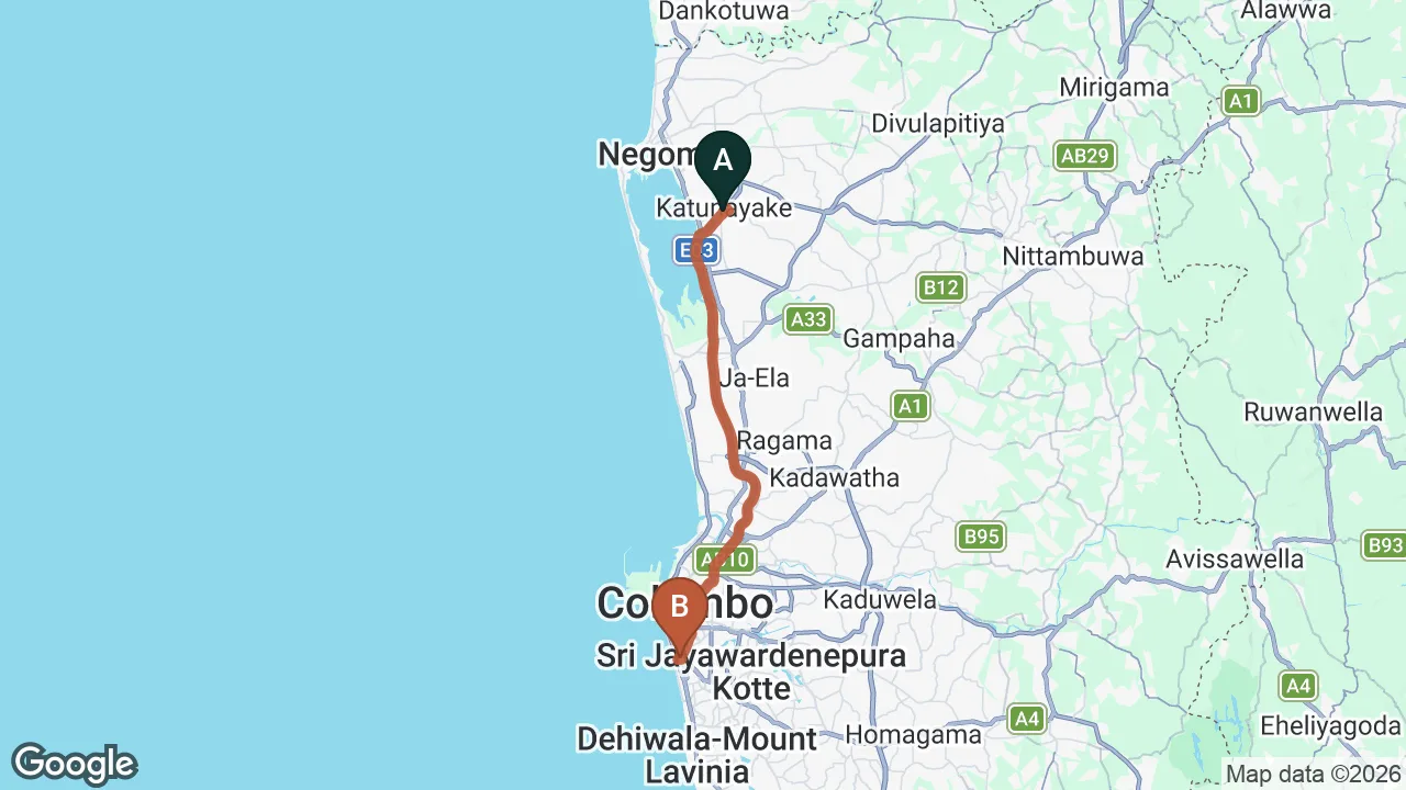 Route map: Colombo (CMB) Airport to D Villas, Colombo