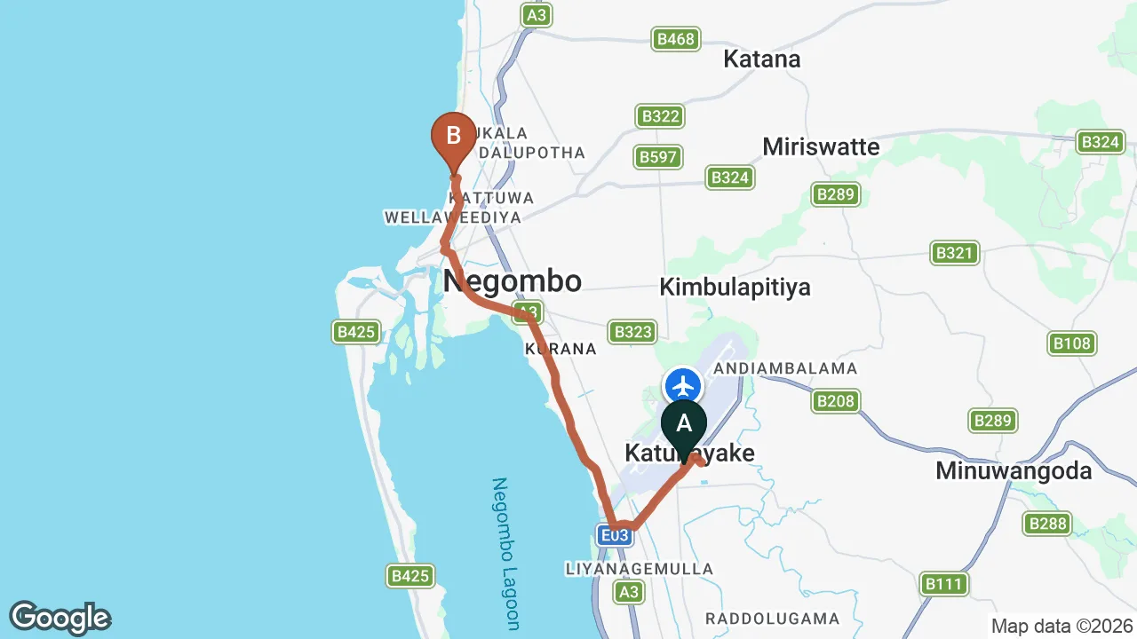 Route map: Colombo (CMB) Airport to Pledge Scape, Negombo