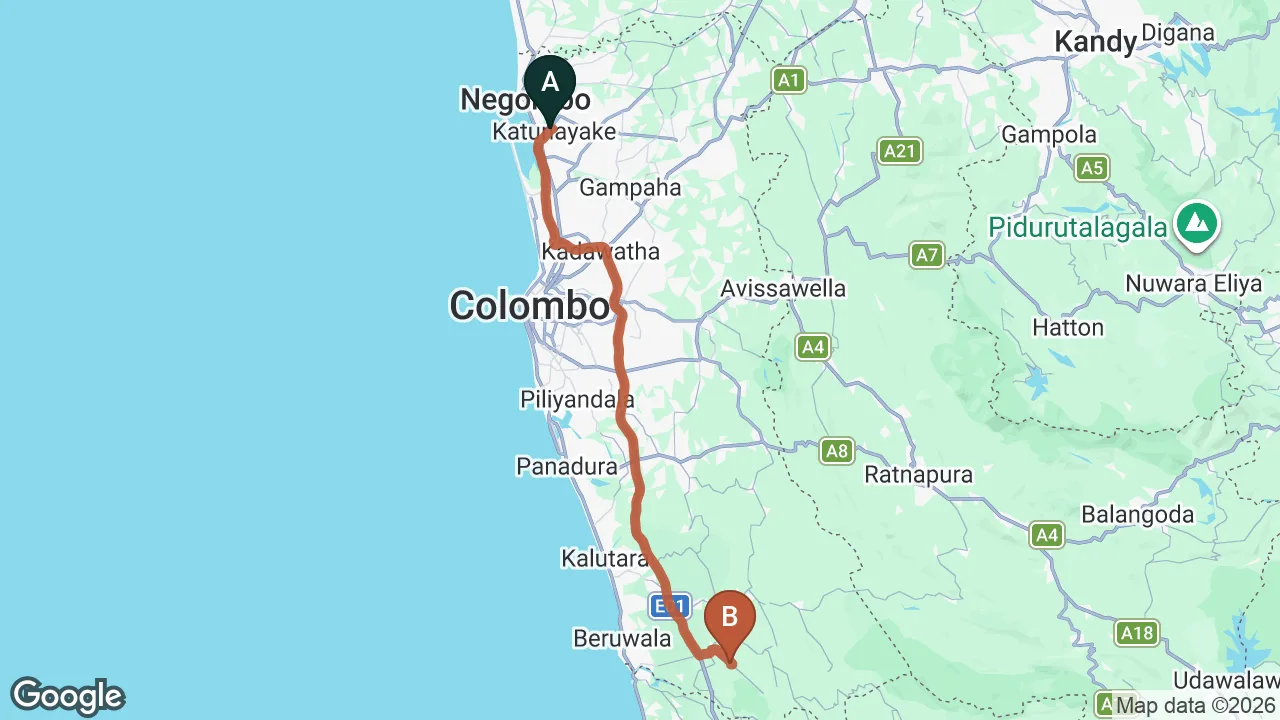 Route map: Colombo (CMB) Airport to The Ark, Mathugama