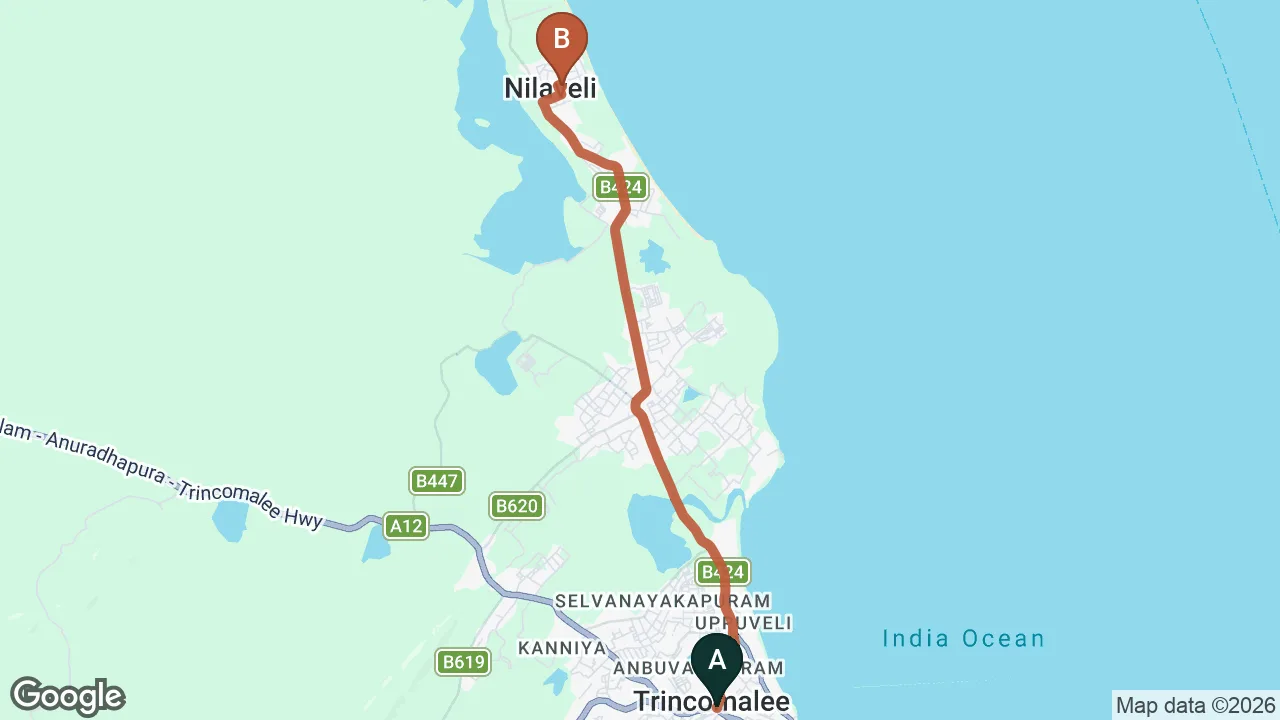 Route map: Trincomalee City to Nilaveli City