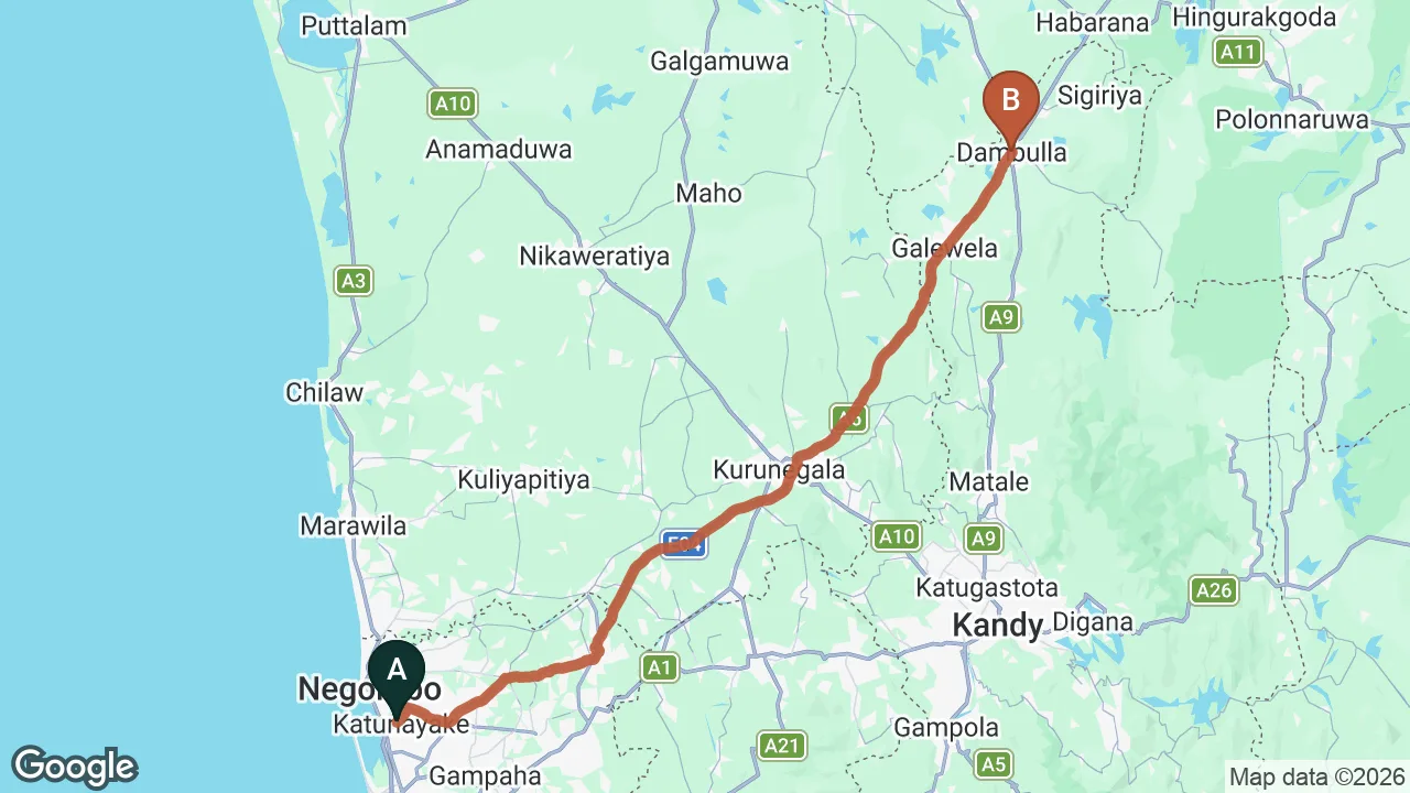 Route map: Colombo (CMB) Airport to Dambulla Heritage Rest House, Dambulla