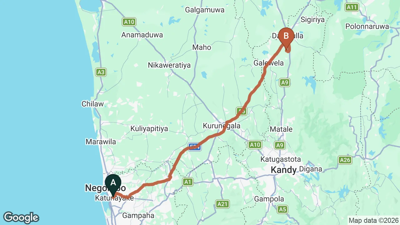 Route map: Colombo (CMB) Airport to Boulder Range Resort, Dambulla