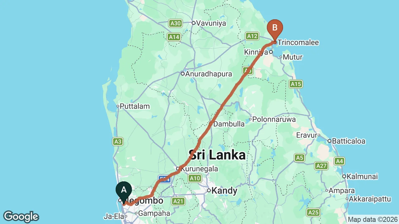 Route map: Colombo (CMB) Airport to Hit Camp, Trincomalee