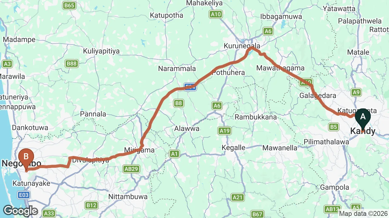 Route map: Kandy City to Negombo City